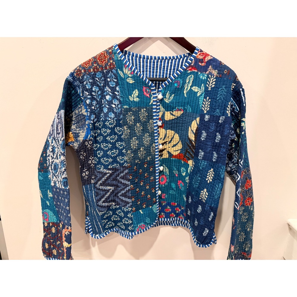 Boho Quilted Patchwork Kantha Jacket Indigo Blue Floral Mixed Print Small Medium